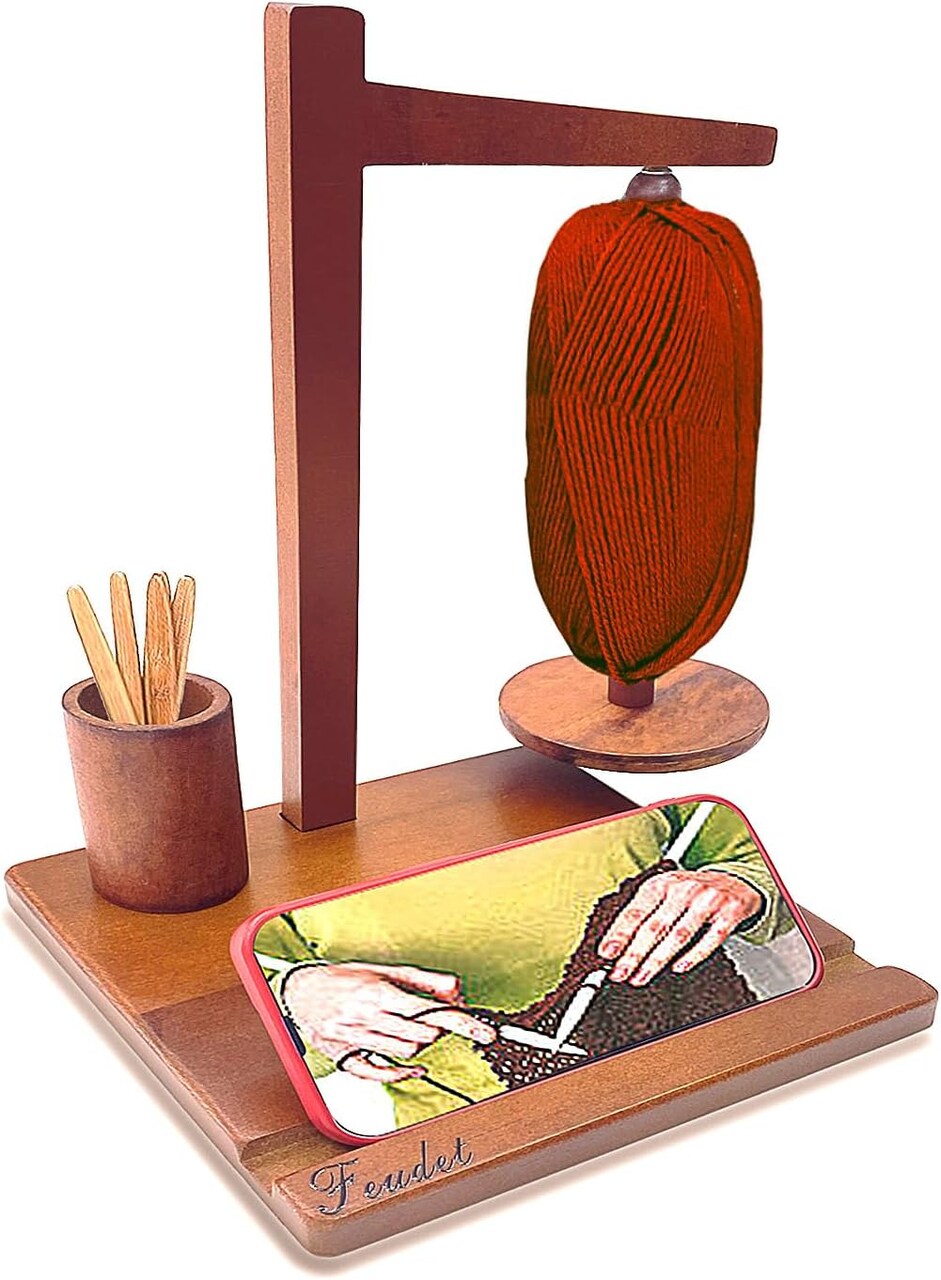 Wooden Yarn Holder with Phone Stand for Crocheting & Knitting,Magnetict Yarn (Brown)